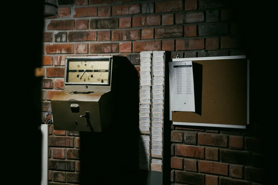 A retro time clock and stack of punch cards against a dark brick wall in an industrial setting.