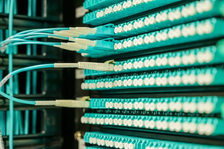 Rows of turquoise fibre-optic cables plugged into a patch panel in a data centre, photographed close up.