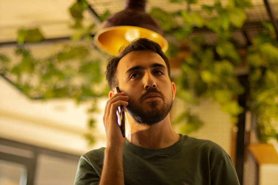 Young man talking on a mobile phone indoors with a modern interior design and natural lighting.