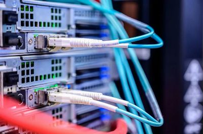 Detailed shot of Ethernet cables connected to server ports highlighting technology infrastructure.