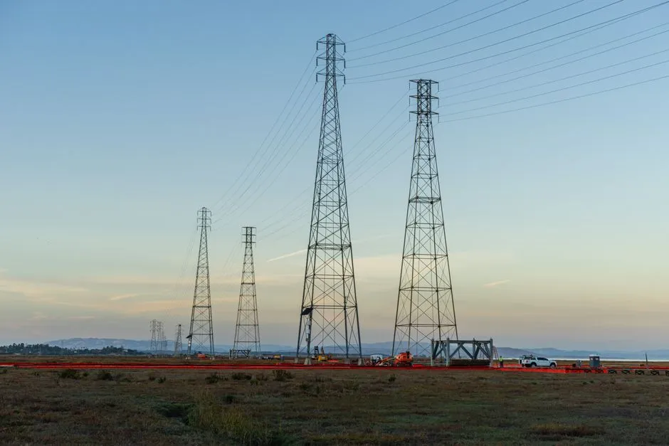 Steel transmission towers under construction in an open field at dusk with work vehicles below