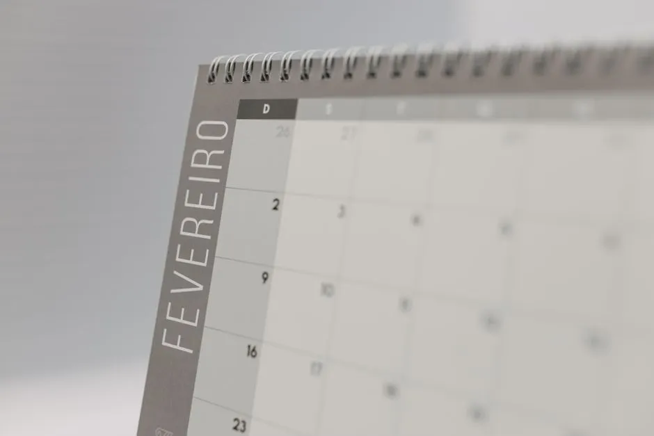 A desk calendar standing on a pale surface, shot from a low angle. Its wire spiral binding runs along the top edge and the month name FEVEREIRO — February in Portuguese — is printed vertically down the left side in white on grey. The date grid beside it is faint and almost empty.