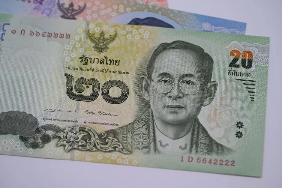 Thai twenty-baht banknotes overlapping, the top note showing its denomination in Thai numerals