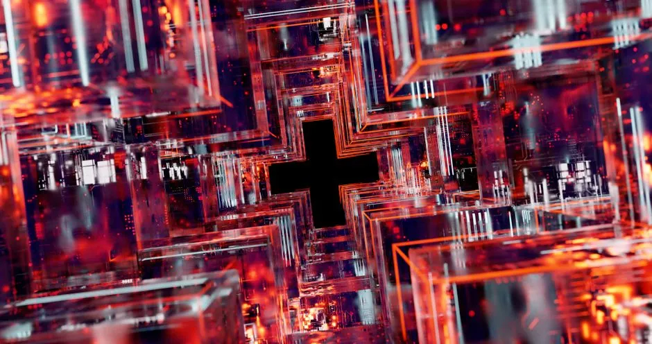 An abstract render of dense red and blue circuitry with a dark cross-shaped void at its centre, illustrating a report on a memory-handling flaw in an image parser.