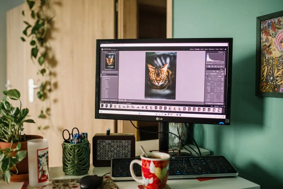 A desktop monitor on a home desk showing a photograph of a cat open in image-editing software, toolbars and a histogram panel either side of it.