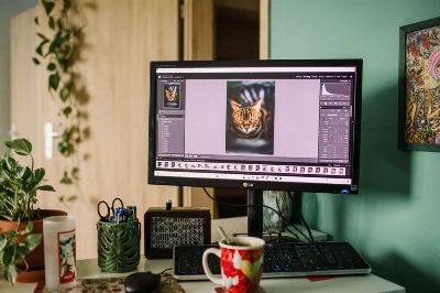 A cozy home office desk with a monitor displaying photo editing software, surrounded by plants and decor.