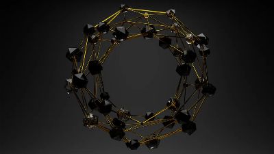 3D abstract geometric structure with gold lines and black polygons on a dark background.