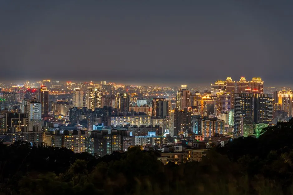 A dense Taipei cityscape at night seen from a wooded hillside, tower blocks lit against a hazy sky