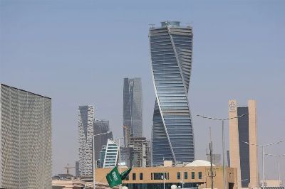 Skyline view of Riyadh's modern architecture with distinctive skyscrapers.