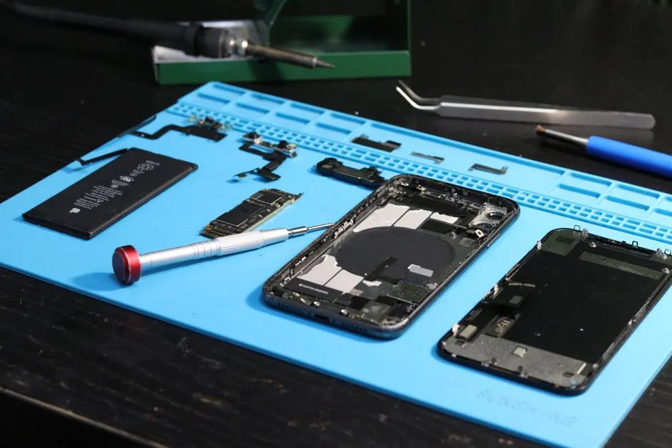 A disassembled smartphone on a blue repair mat, its logic board, battery and chassis laid out beside tools.
