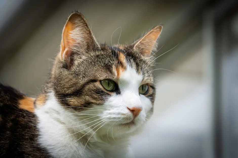 Close portrait of a calico cat with green eyes