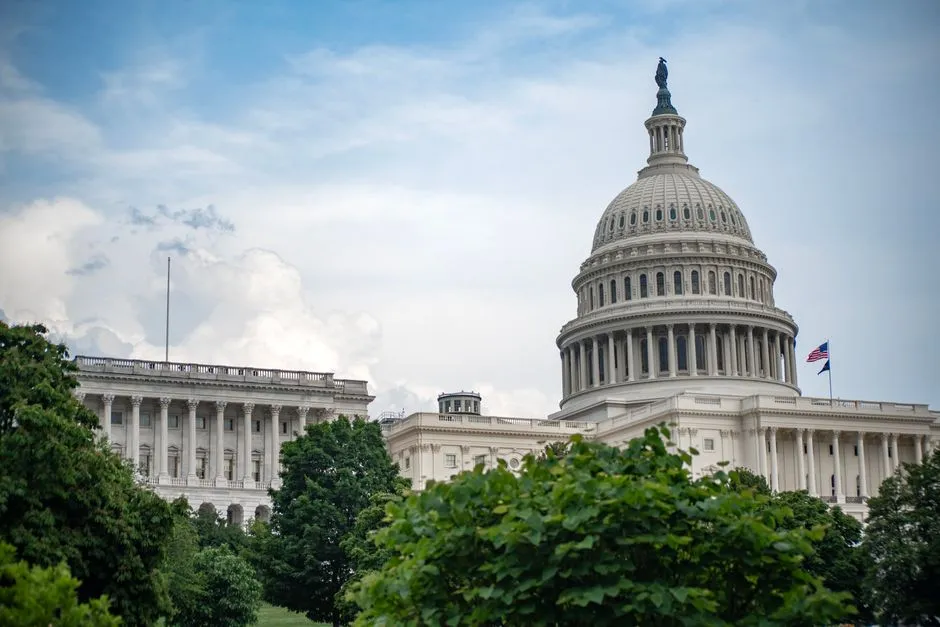 The dome of the US Capitol in Washington behind trees under a cloudy sky