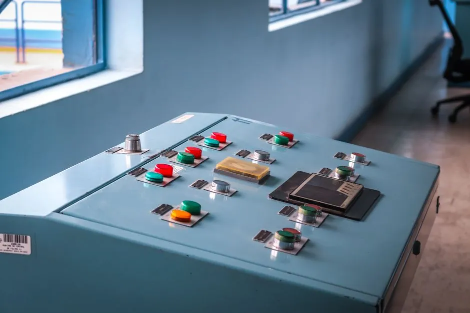 An industrial control desk in a plant, its sloped panel set with rows of red, green and orange push buttons beside a window looking onto the works