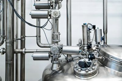 Close-up of stainless steel machinery and pipes in an industrial setting, showcasing modern engineering.
