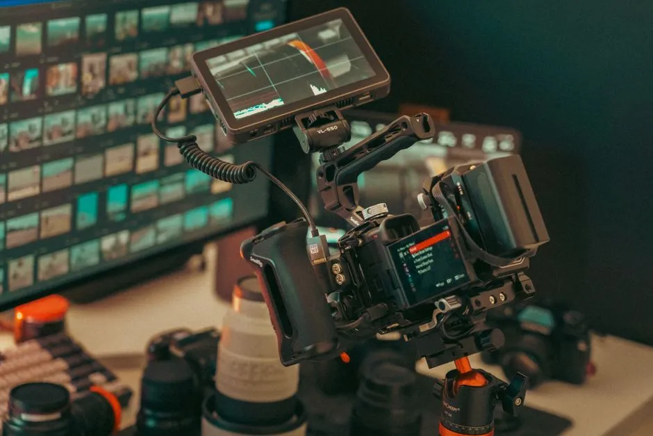A professional video camera and lenses arranged on a studio desk — illustrating the creators who must now clear double the threshold to earn.