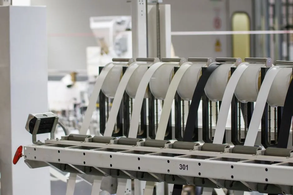 Industrial production equipment on a factory line, illustrating a report on South Korea funding its chip equipment and materials suppliers.