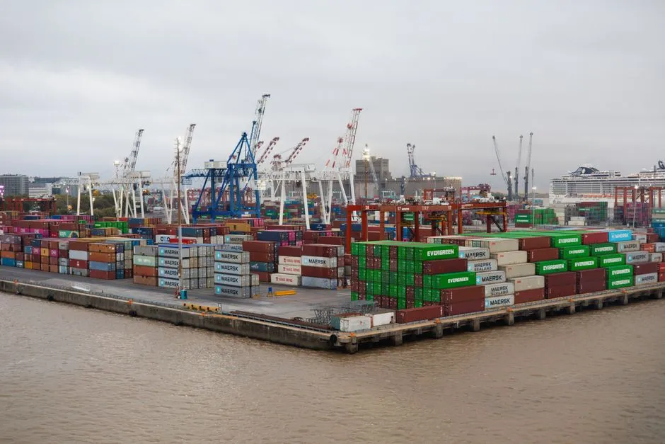 Stacked shipping containers at a port terminal, the image behind the name of software containers stored on registries like Docker Hub