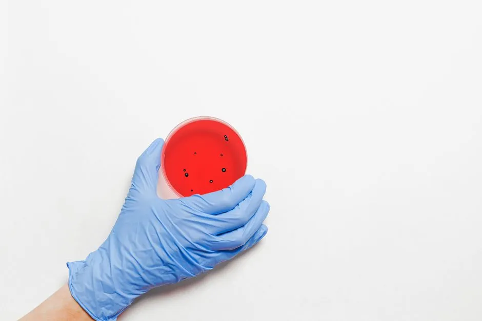 A gloved hand holding a bacterial culture plate, the setting where penicillin's antibacterial effect was first noticed