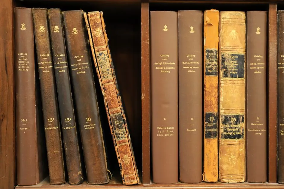 A shelf of bound archival catalogue volumes with worn leather spines, illustrating a report on the documentary record produced by a federal trial.