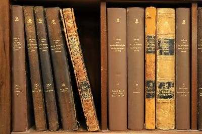 Row of antique books in a Copenhagen library, showcasing historical volumes.