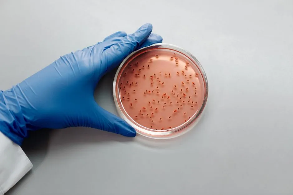 Gloved hand holding a petri dish of bacterial colonies, illustrating the E. coli host these designed phages were tested on.