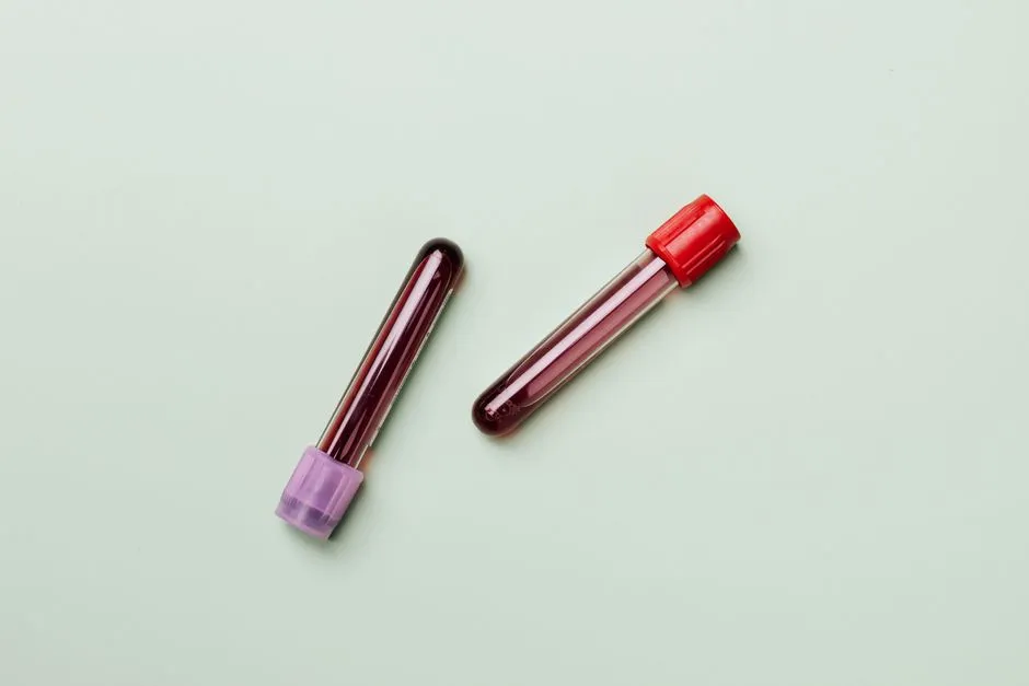 Two capped blood sample tubes lying at angles on a pale green background.
