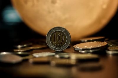 Detailed close-up of a ten dollar coin with a blurred golden background, highlighting currency and finance.