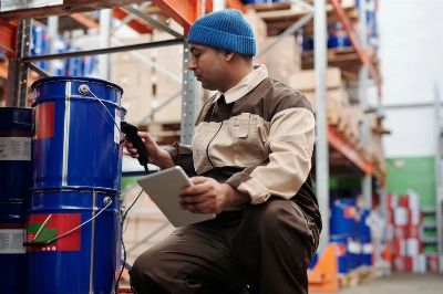 Warehouse employee scanning inventory using tablet and scanner in industrial storage area.