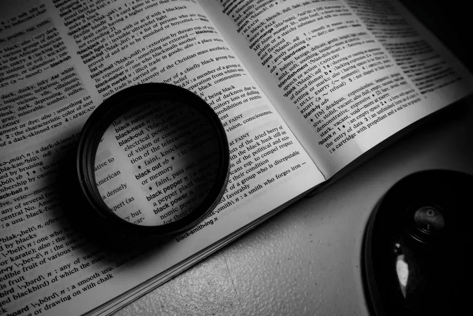 A monochrome image of a lens on an open dictionary page, highlighting words.
