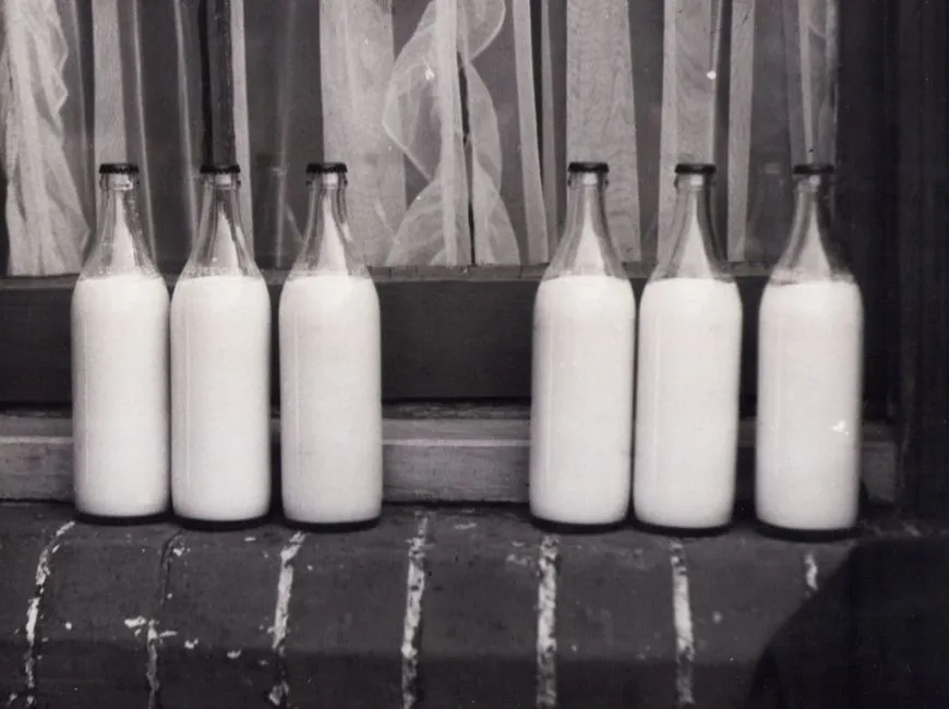 Six glass milk bottles standing on a brick windowsill in monochrome