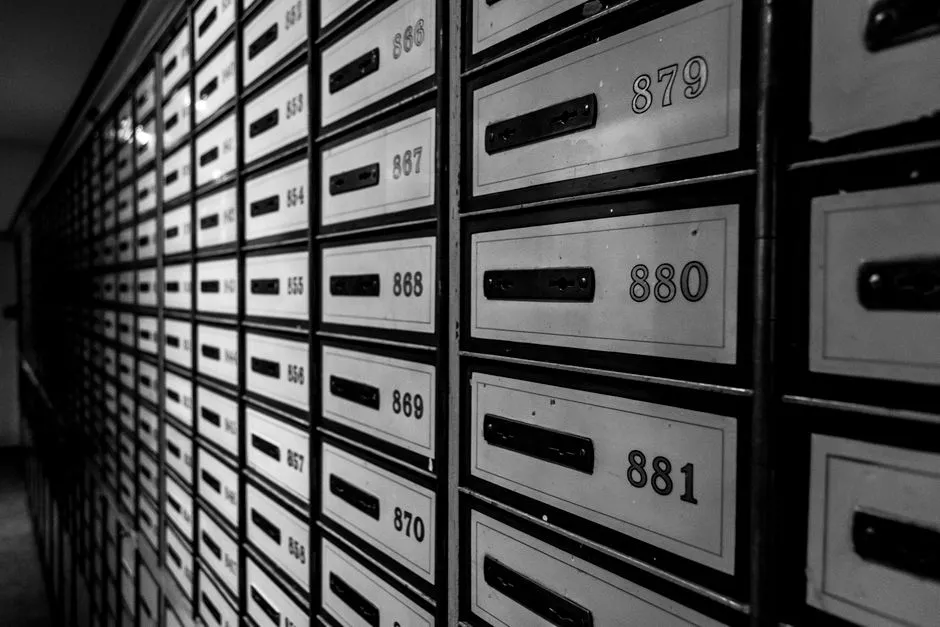 A striking black and white image featuring rows of organized mailboxes in a building interior.