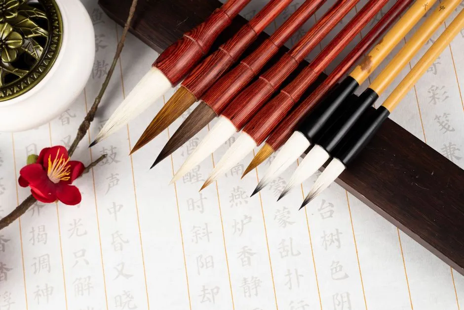 Calligraphy brushes with red handles resting beside a sheet of gridded writing paper