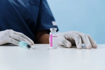 Close-up of healthcare worker's gloved hands with syringe and vaccine vial on a table.