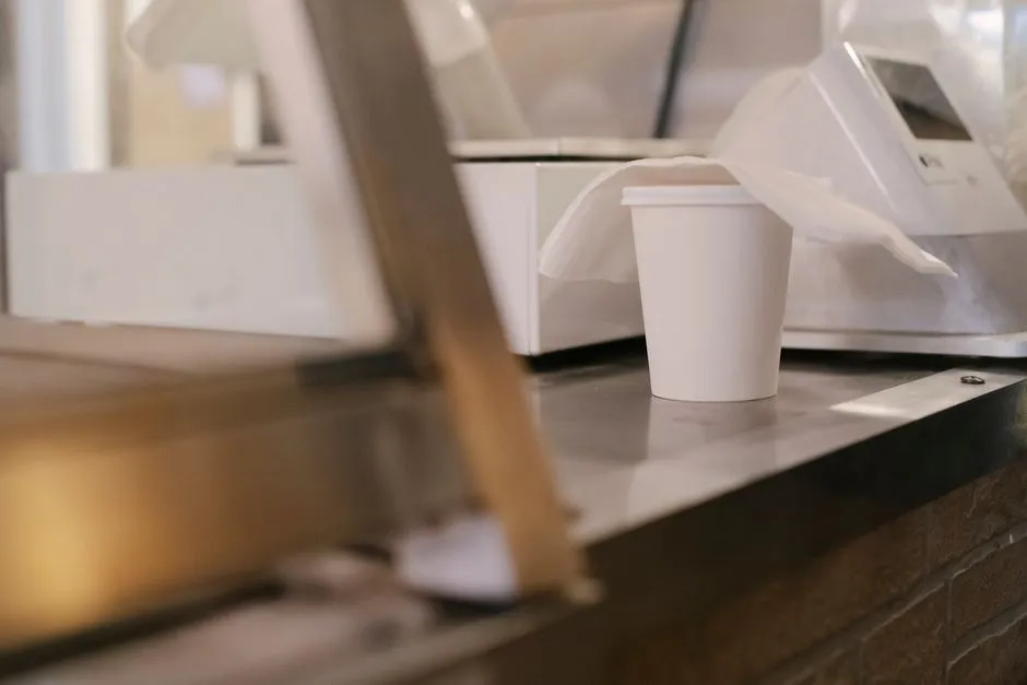 A plain white takeaway coffee cup on a cafe counter, illustrating a report on ZUS Coffee exploring a Malaysian listing.
