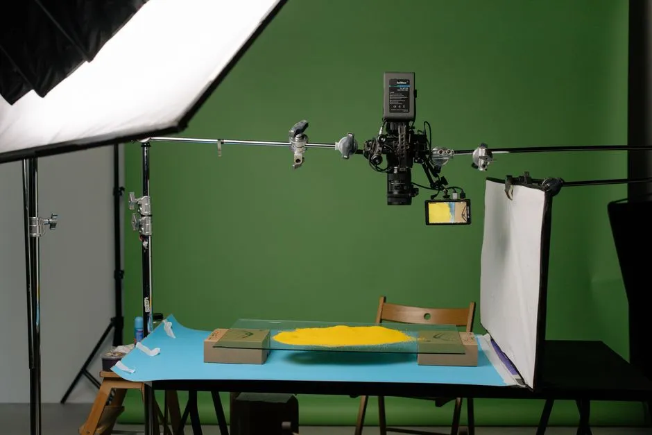 A product photography studio: a camera on an overhead boom pointing down at a small table, lit by a large softbox, in front of a plain green backdrop wall.
