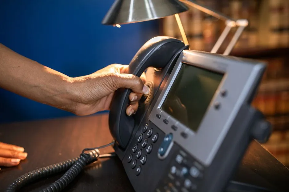 A hand lifting the handset of a desk telephone against a dark blue wall