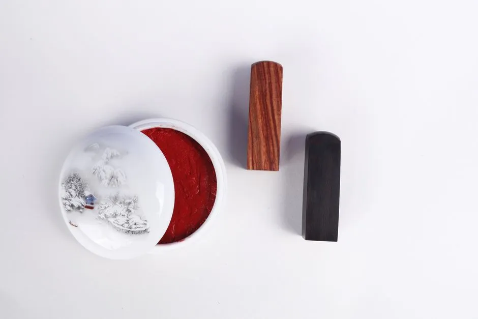 Two uncarved wooden name chops lying beside an open porcelain pot of red seal paste, its lid painted with a snow landscape, on a plain white surface