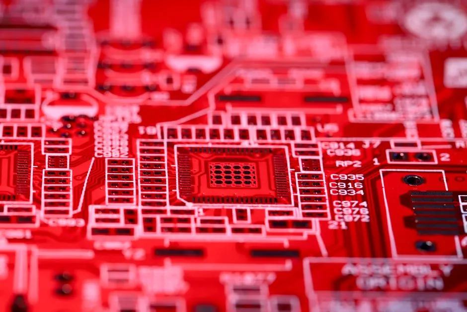 A close-up of a bare red printed circuit board showing component outlines and designators, illustrating a report on advanced foundry price increases.