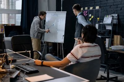 Business team in a modern office brainstorming ideas on a whiteboard. Engaged discussion and planning.