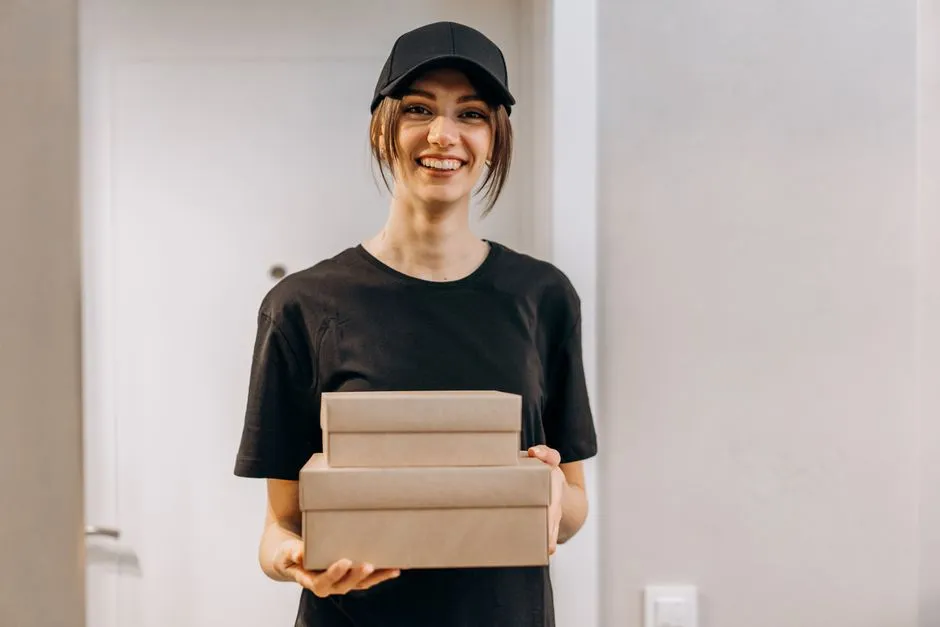 A courier in a cap holds a stack of three plain cardboard parcels.