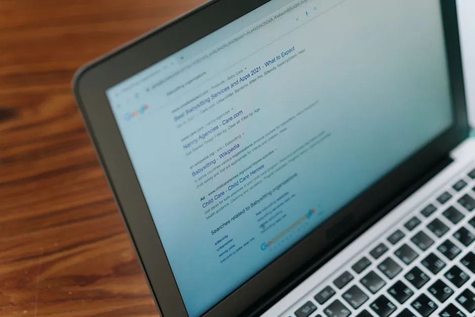 A laptop screen showing a page of search results