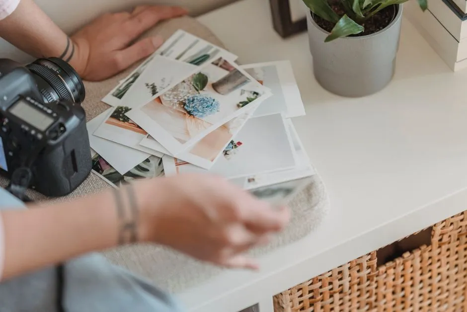 Someone sorting a spread of printed photographs on a table beside a camera.