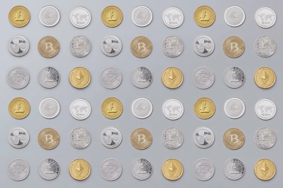 Rows of gold and silver coins stamped with cryptocurrency symbols