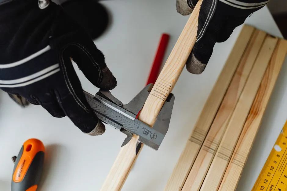 Gloved hands closing a vernier caliper around a length of timber, with its scale in view.