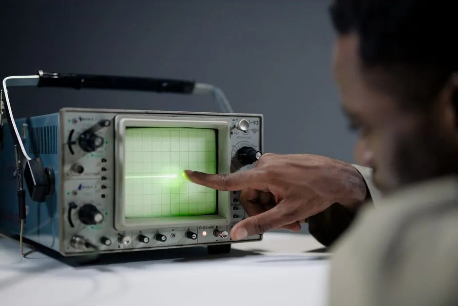A technician pointing at a green waveform trace on the screen of a bench oscilloscope.