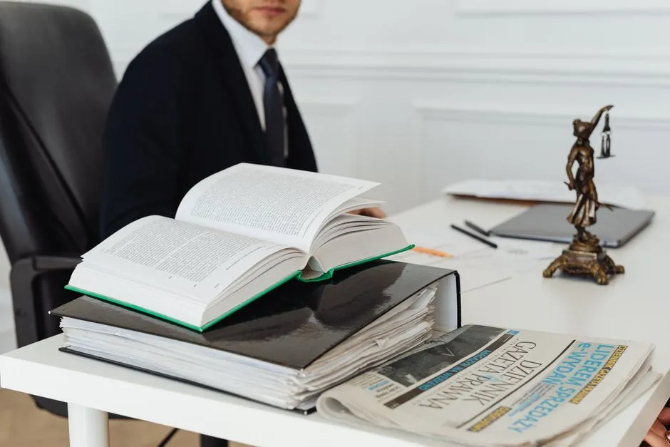 An open legal textbook on a stack of files and newspapers, with a small brass scales-of-justice figure and a seated figure in a suit blurred behind