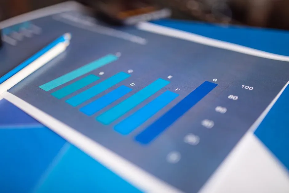 A printed bar chart in shades of blue lying on a desk, illustrating a report on the concentration of Southeast Asian AI startup funding.