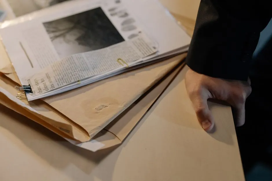 A hand resting on a stack of manila document folders and newspaper clippings on a desk, as if about to hand them over.