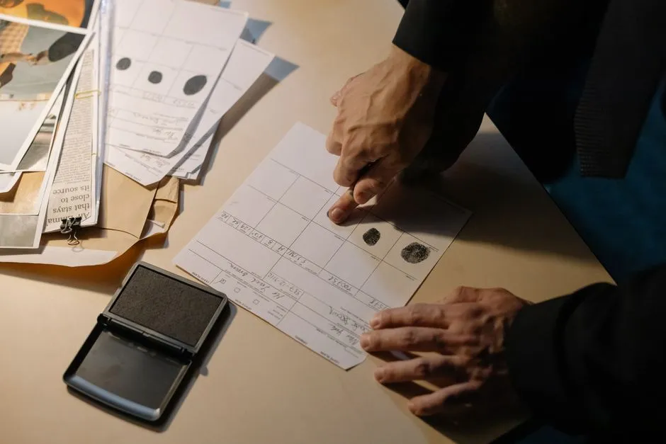 A person pressing an inked fingertip onto a printed form beside an ink pad