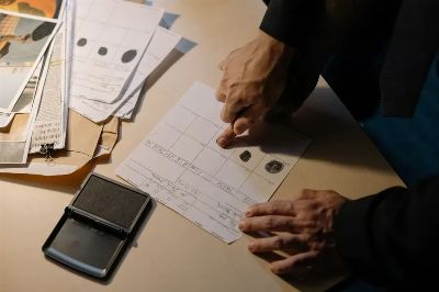 Detailed view of fingerprint analysis on a desk with ink pad and documents, ideal for forensic themes.